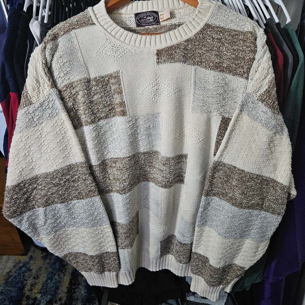 Vintage Victoria Dry Goods Chunky Knit Color Block Sweater Made In USA Cotton